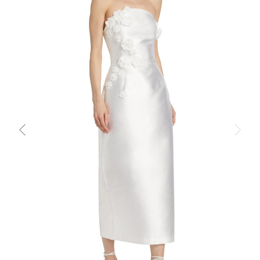 Serafina Satin Strapless Floral Appliqué Midi Dress